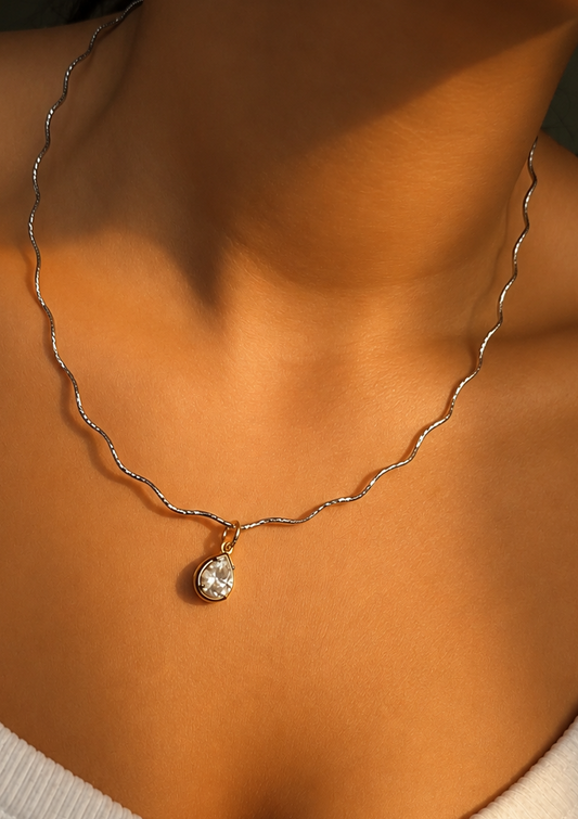 Georgian Bezel Set Pear Cut Pendant on Silver Wavy Chain