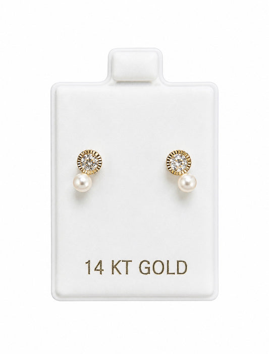 14K CZ Pearl Drop Stud Earrings