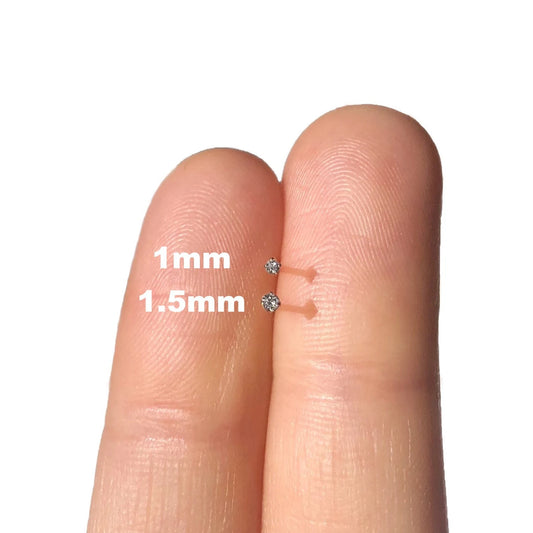 14K Gold Nose Stud Piercing, 1mm Tiny CZ Nose Stud